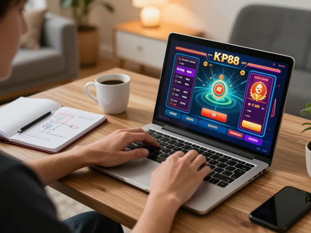 Engaging player enjoying online casino experience at KP88 trang chủ with strategy notes and gaming setup.