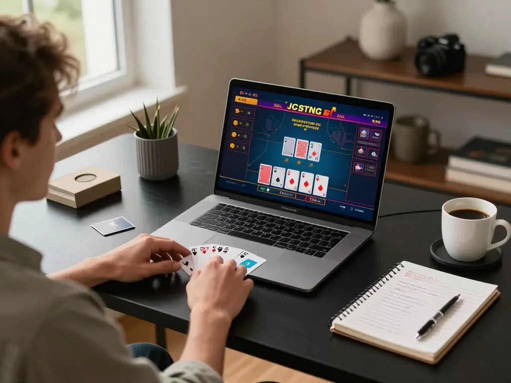Player utilizing sunwin for a live dealer blackjack game on a sleek laptop at home.