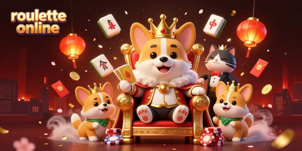 Experience the thrill of roullete online with a royal corgi king and casino delights in a vibrant scene.