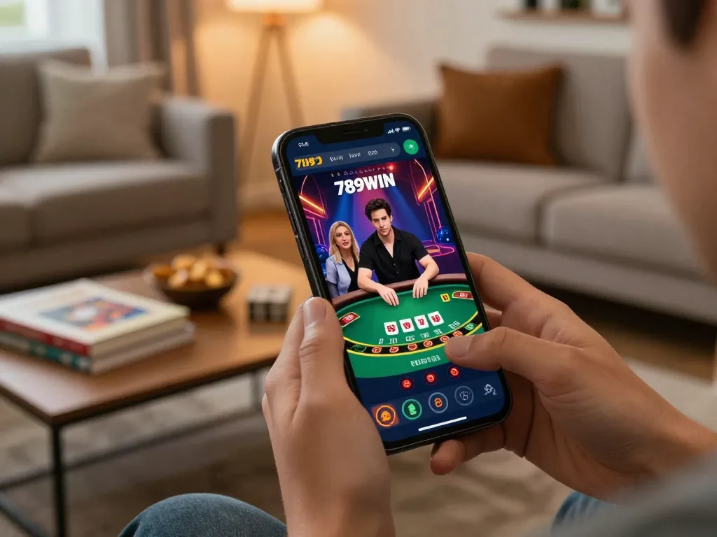 Engaging with the 789WIN online casino app during a casual home blackjack game
