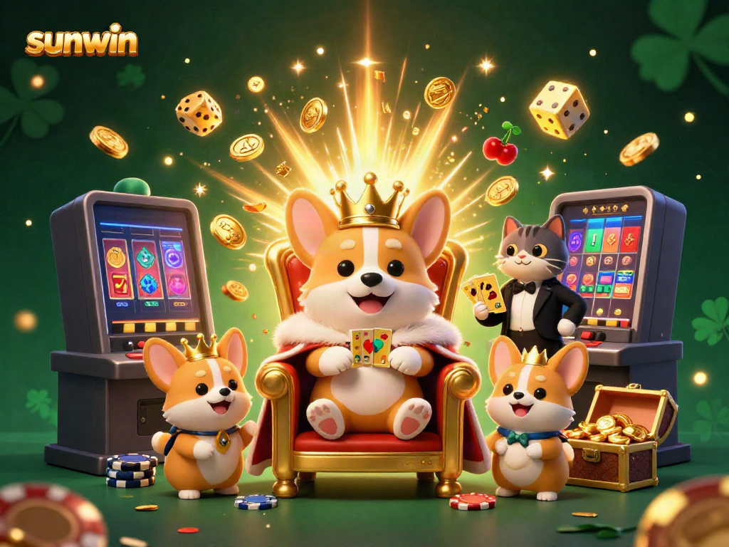 Experience the excitement of sunwin casino with a royal corgi king amidst vibrant slot machine jackpots.