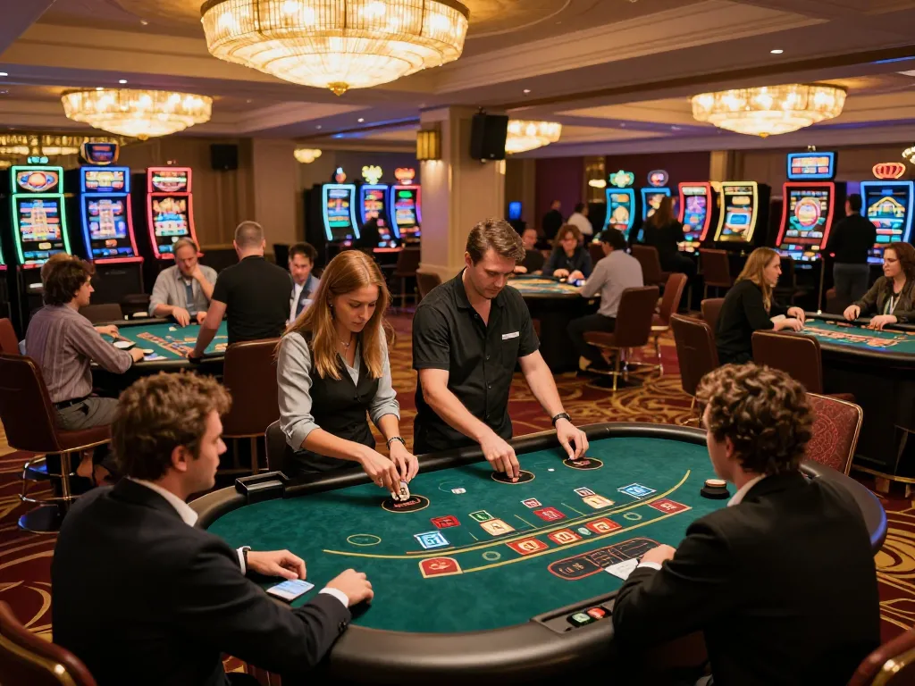 Experience thrilling gameplay at okwin's elegant casino with players immersed in blackjack.