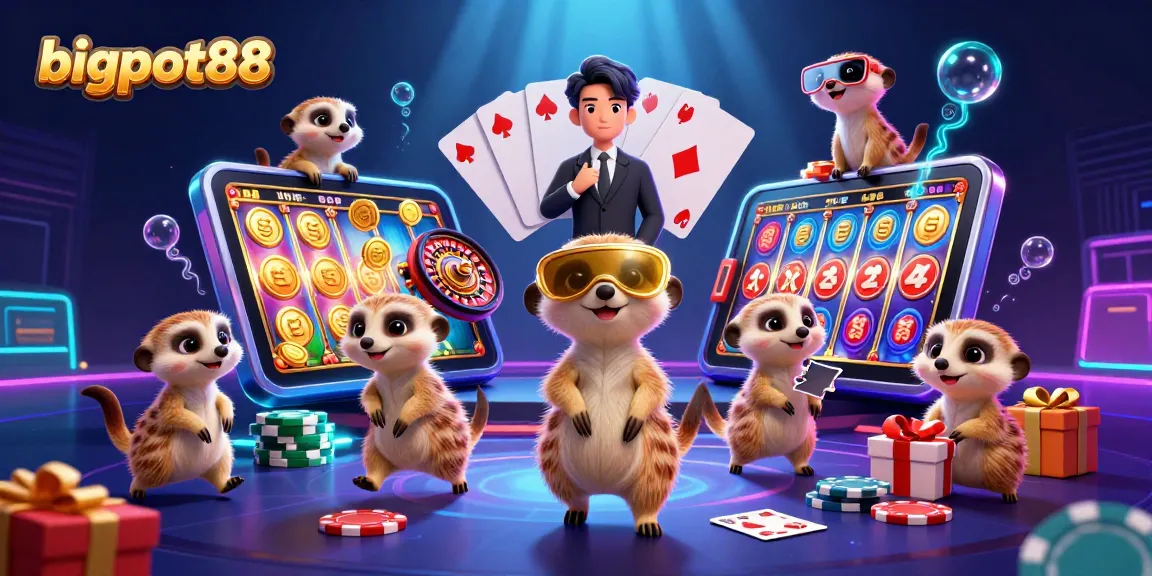 Engage in thrilling casino action with bigpot88 as meerkats run a vibrant gaming operation, featuring colorful slots and rich visuals.