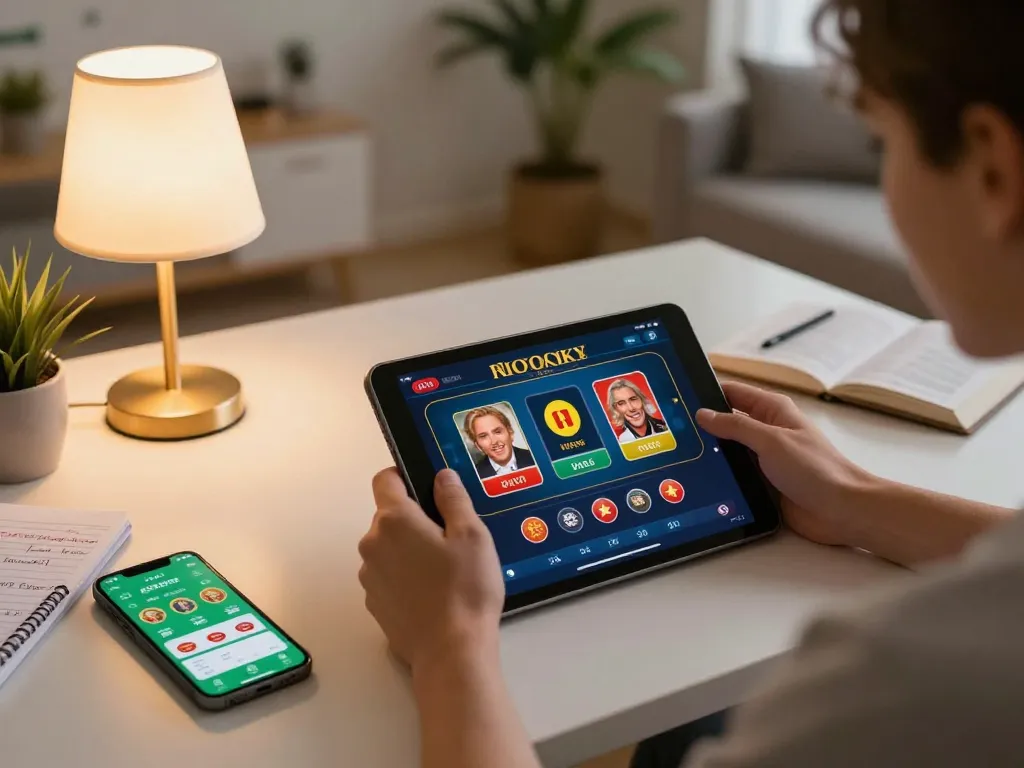 Engaging in online gaming at home with the trang chu 98win casino app displayed on tablet, creating an inviting atmosphere.