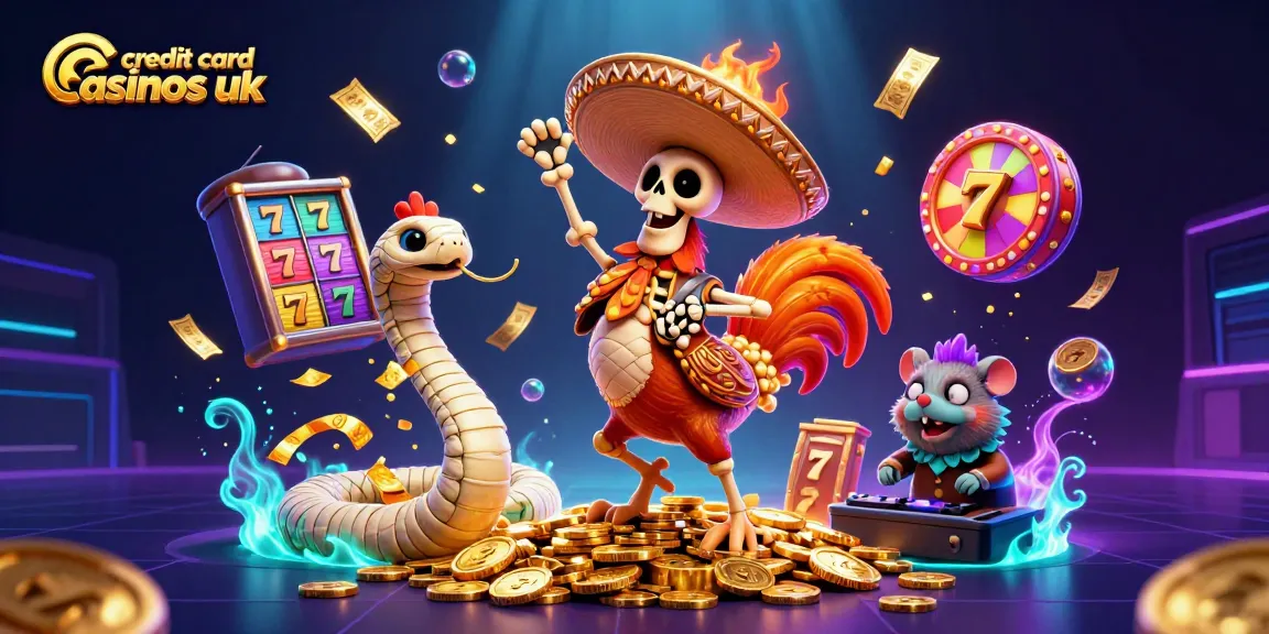 Experience excitement at credit card casinos uk with a lively dance scene featuring a mariachi rooster and vibrant game elements.