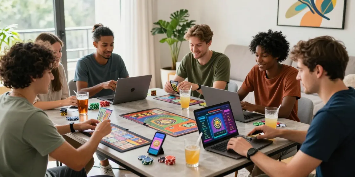 Exciting group enjoying online card games at https://gamebaidoithuong.is/ with vibrant energy and modern setup.