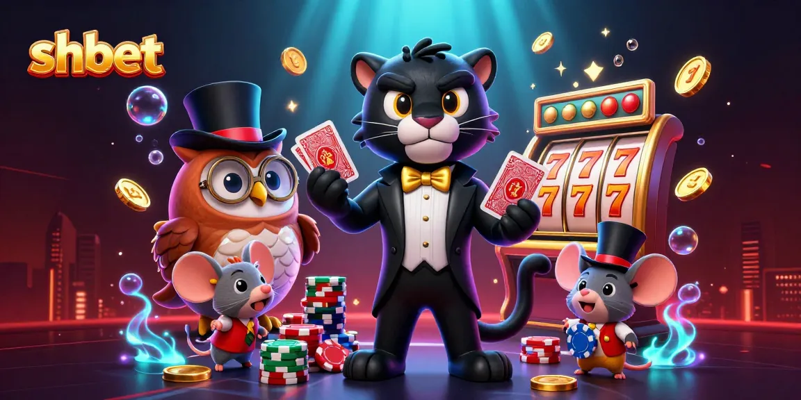 shbet featuring a stylish panther dealing cards and an owl with poker chips, surrounded by vibrant gaming elements.