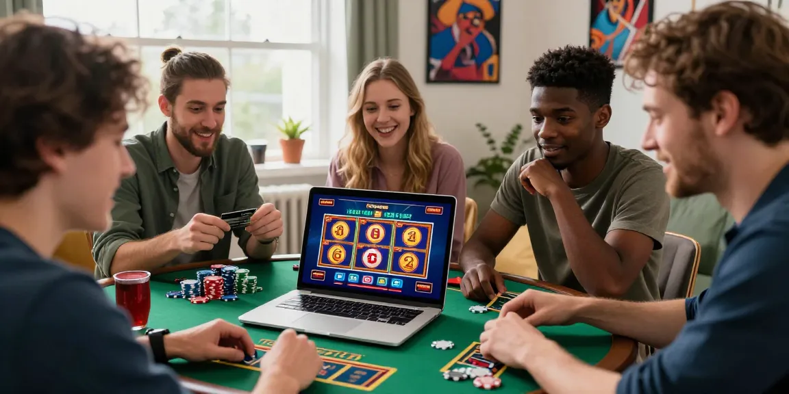 Engaging scene of friends enjoying online gambling at being-there.org.uk credit card casino, with vibrant graphics and atmosphere