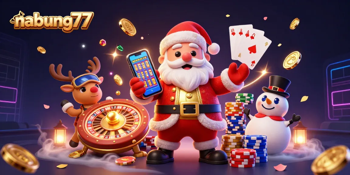 Experience thrilling gambling at nabung77 with a vibrant illustration of Santa, a reindeer dealer, and a poker chip snowman.