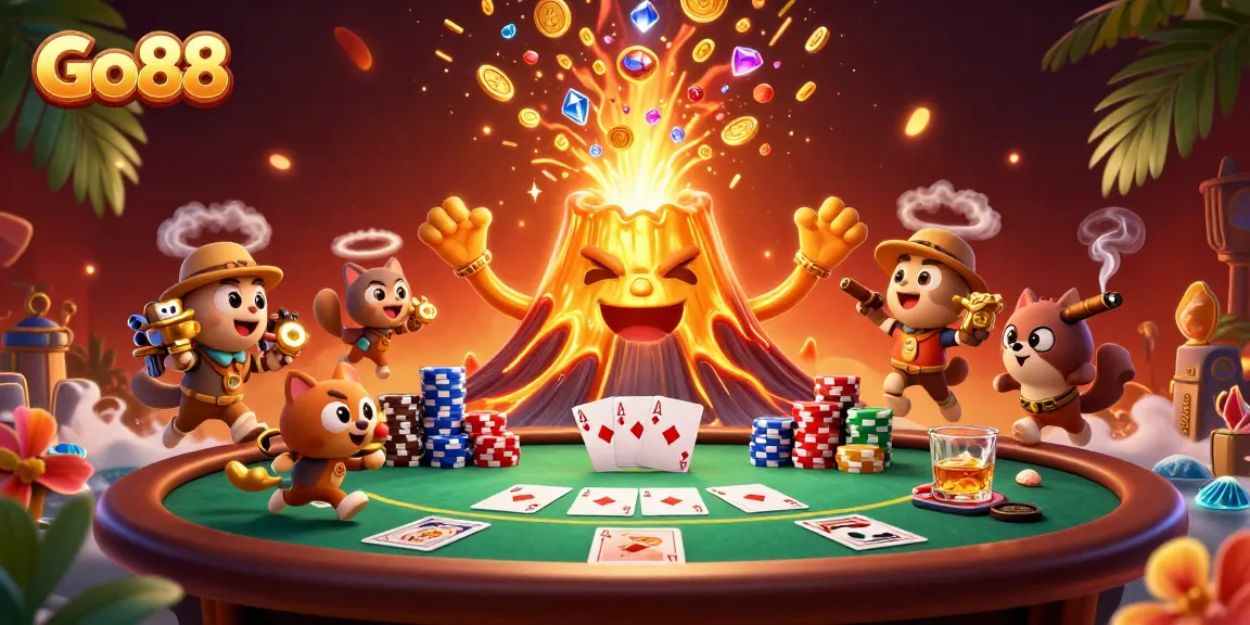 Engage with Go88's vibrant gaming scene, featuring a golden volcano and poker excitement.