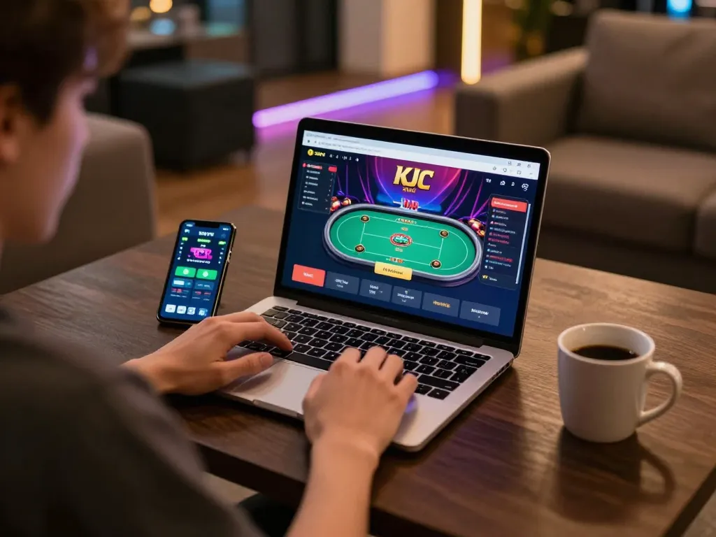 Player using laptop on KJC casino site during online poker game, showcasing strategic gameplay