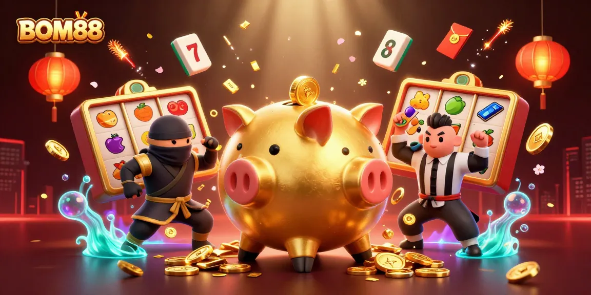 BOM88 showcases a vibrant scene with dynamic characters and slot game elements, capturing the casino excitement.