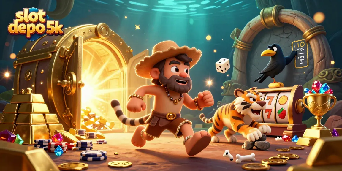 Experience thrilling gameplay with slot depo 5k features, including dynamic slot reels and treasures in a vibrant casino setting.
