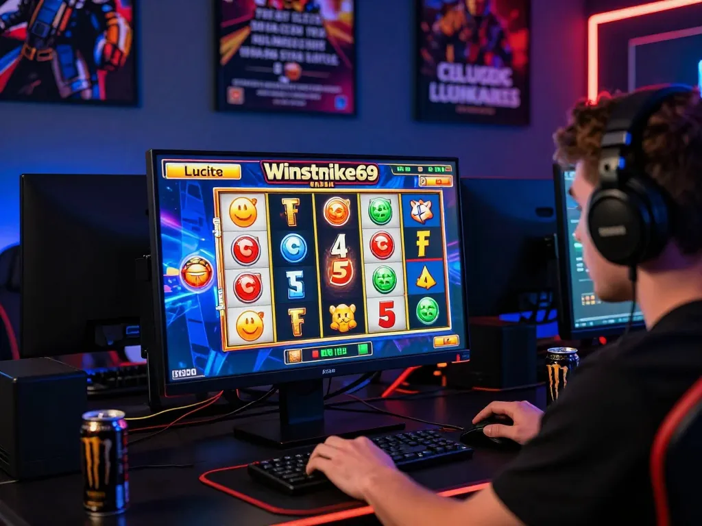 Player enjoying a Winstrike69 slot game with vibrant graphics and gaming setup.