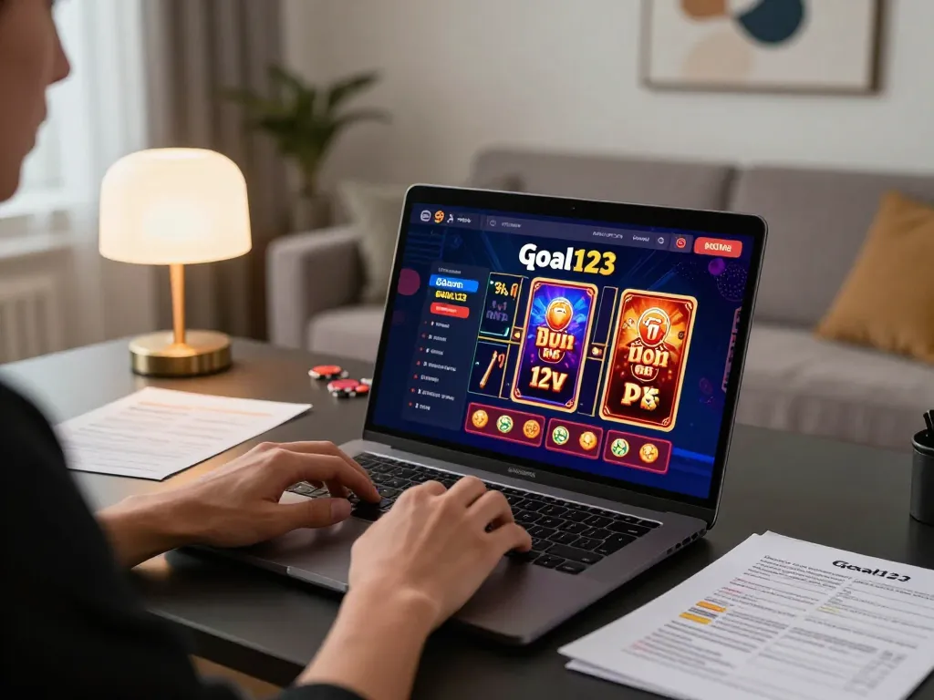 Engaging in online gambling at goal123.ac with laptop displaying vibrant casino games.