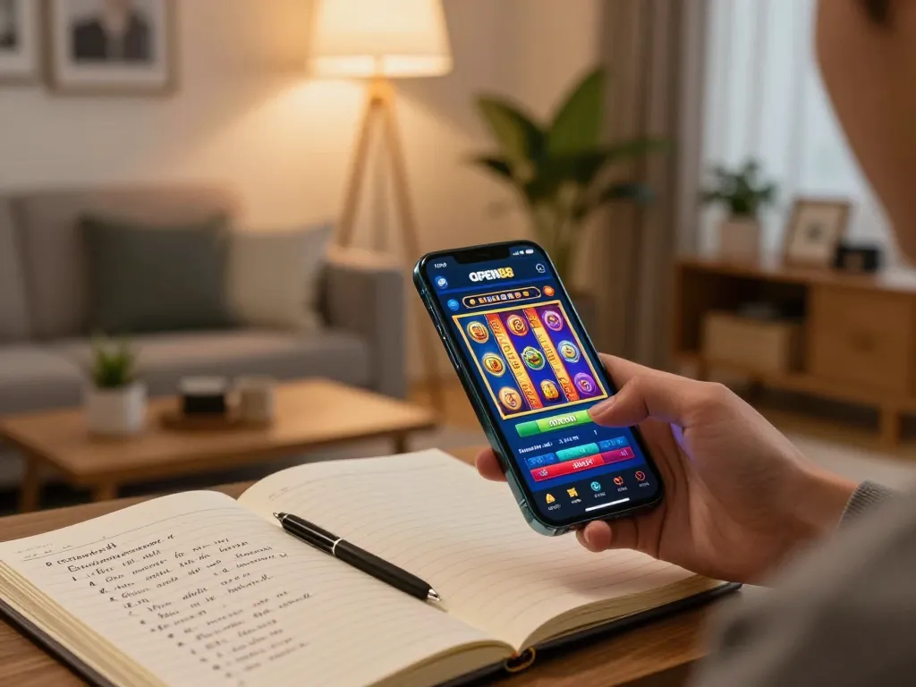 Engaging with the OPEN88 casino app on a smartphone in a stylish living room during a gaming session.