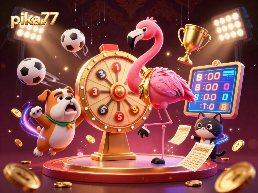 Experience thrilling gameplay with pika77, featuring vibrant 3D characters and dynamic sports elements in a casino setting.