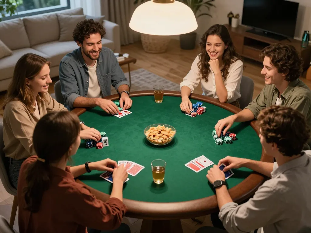 Friends enjoying an engaging poker night at home, highlighting fun and strategy with botanicabali.