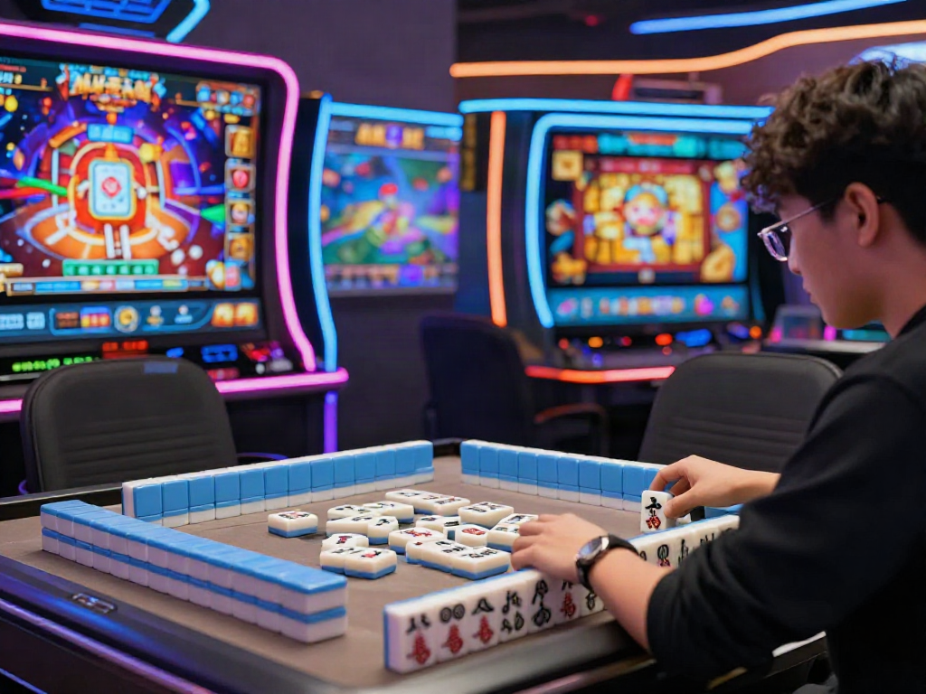 Pengguna bermain mahjong slot dengan antusiasme, dikelilingi elemen budaya dan lampu LED cerah.