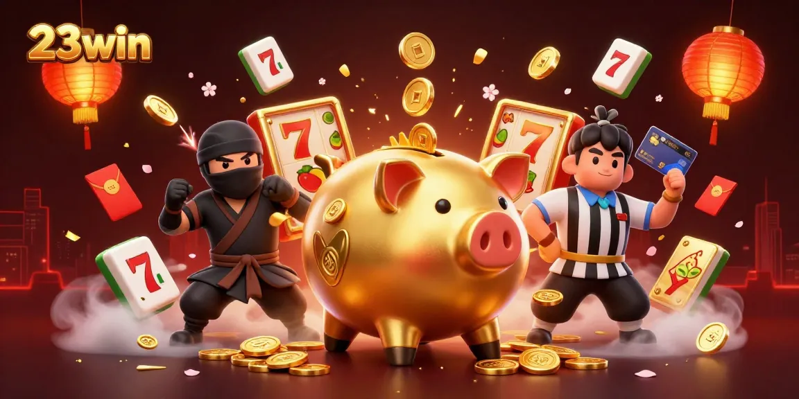 Engage with exciting slots action at 23win amidst golden coins and vibrant casino elements!
