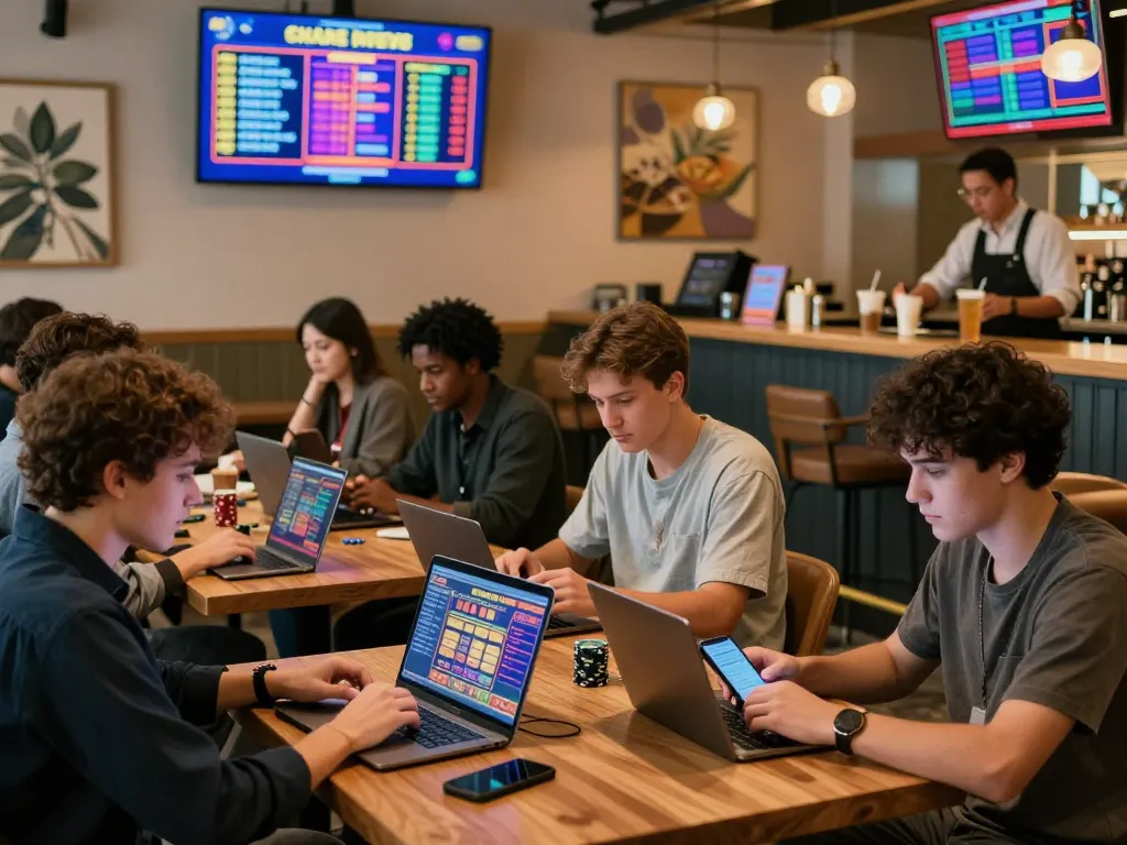 Diverse group enjoying online betting experiences at a café with glowing screens showcasing https://sc88e.com/ gaming options.