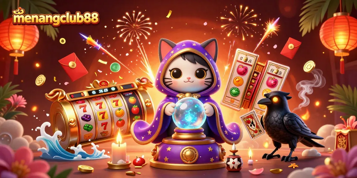 Experience the thrill of winning at menangclub88 with 3D slot reels, symbols, and mystic characters in an engaging casino scene.