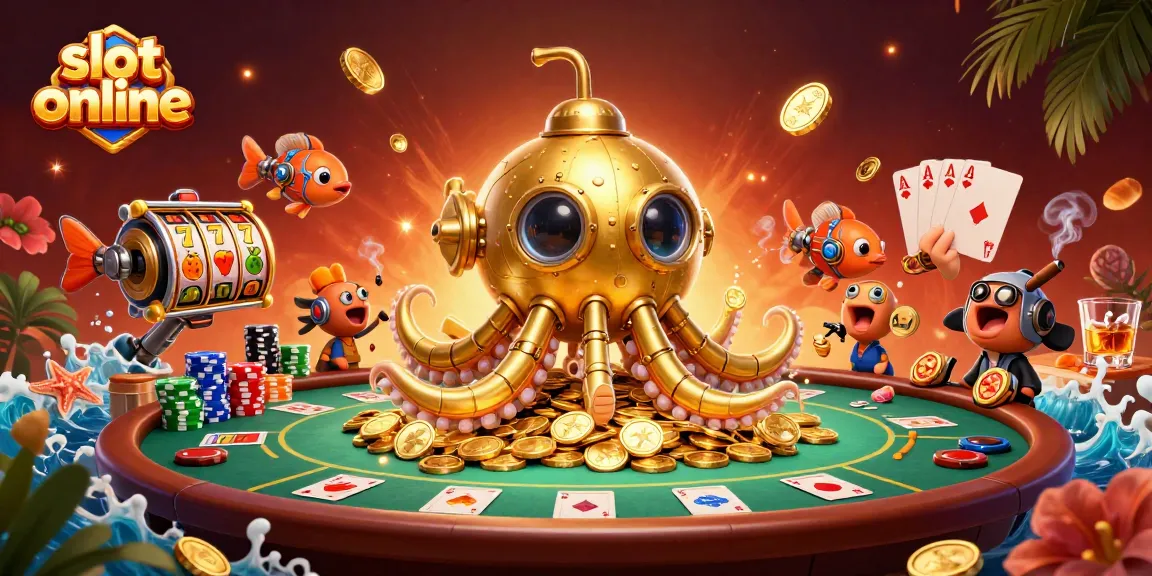 Permainan slot online yang mendebarkan dengan simbol keberuntungan dan jackpot, menciptakan suasana kasino yang menggairahkan.