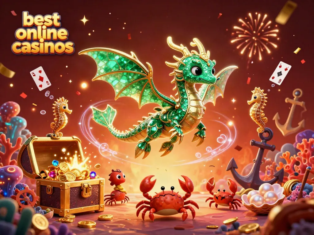 Experience the enchanting world of the best online casinos featuring a sea dragon, treasure chest, and festive elements.