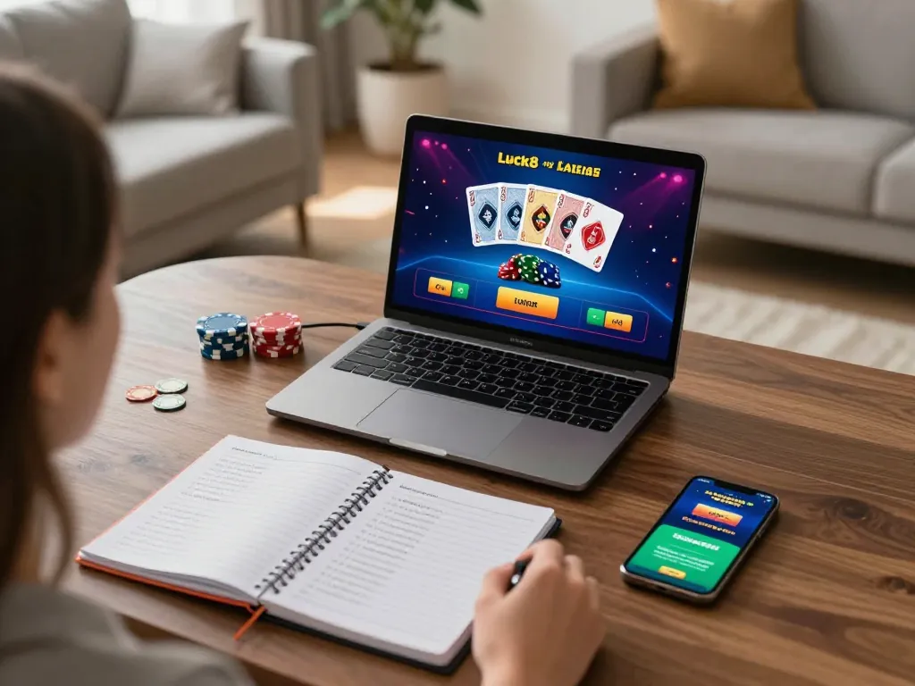 Engaging in online casino gaming at Luck8, showcasing live dealer interaction on a laptop.