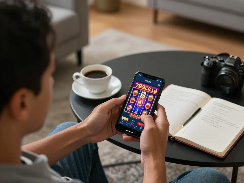 Player uses the 789club mobile app for exciting slot gameplay at home, showcasing responsible gaming practices.