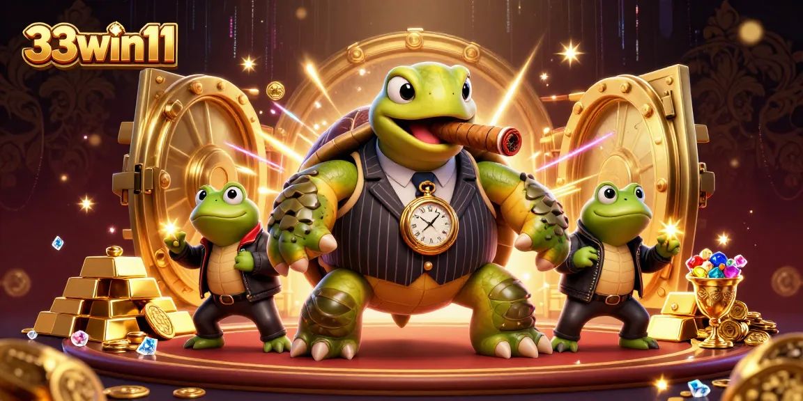 Experience the thrill of 33win11 with a rich casino ambiance featuring a snapping turtle mob boss and bullfrog enforcers.