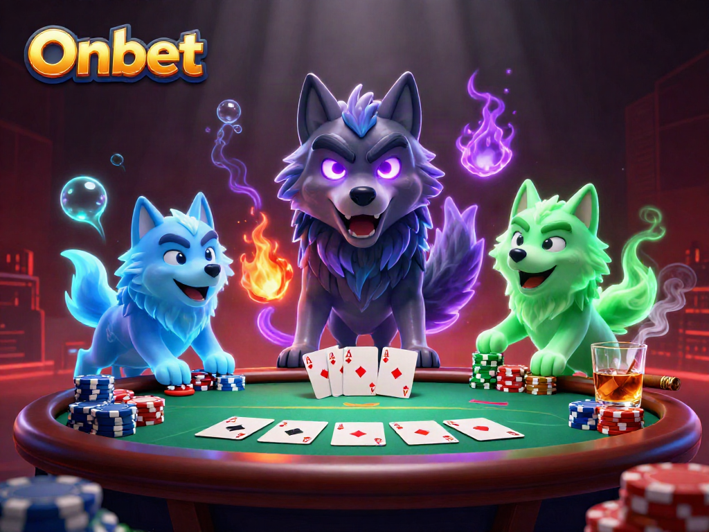 Experience Onbet's thrilling atmosphere with a shadow wolf leader at a poker table surrounded by ghostly companions and vibrant gaming elements.