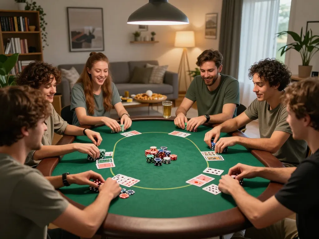 Players enjoying an engaging night of poker at home, experiencing rik vip-style gaming action.