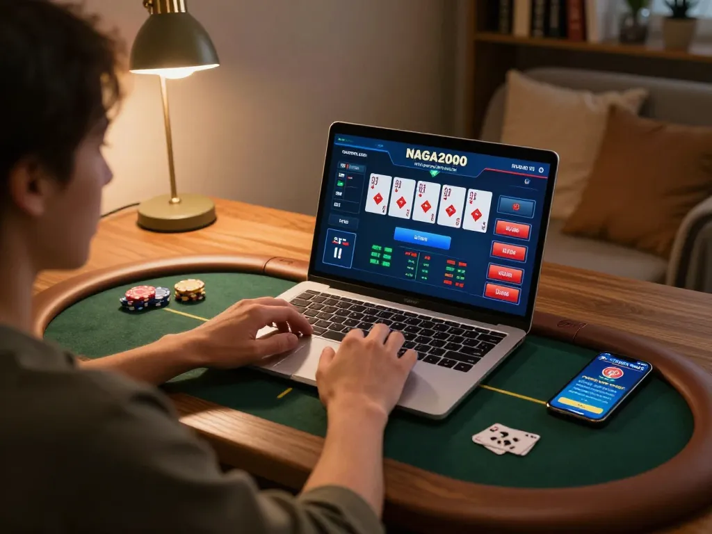 NAGA2000 online gaming scene with a player engaged in poker, showcasing live betting action and strategic decisions.