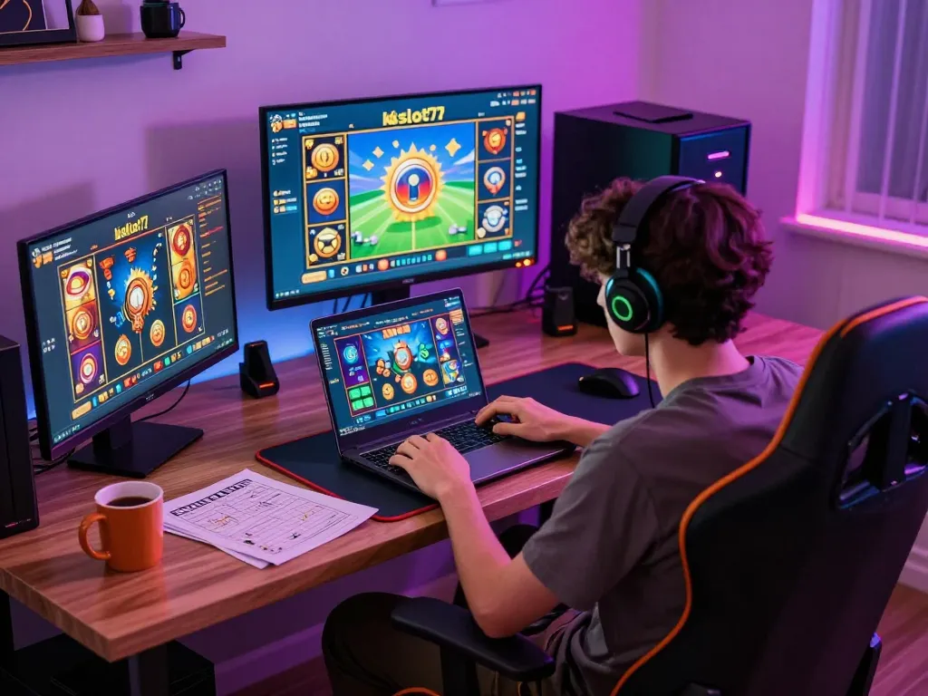 Player enjoying kdslot77 online slots with strategy notes in a cozy gaming setup