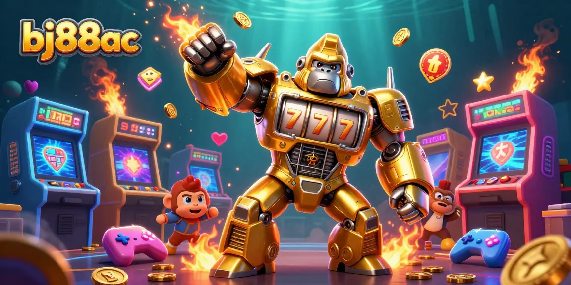 Experience epic wins at bj88ac with a vibrant casino-themed illustration featuring a golden gorilla mech.