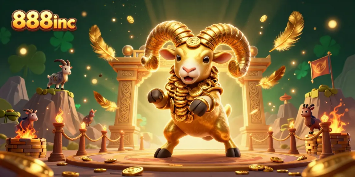 Engage with 888inc by witnessing an epic casino showdown featuring a golden ram amidst rich, gaming-themed elements.