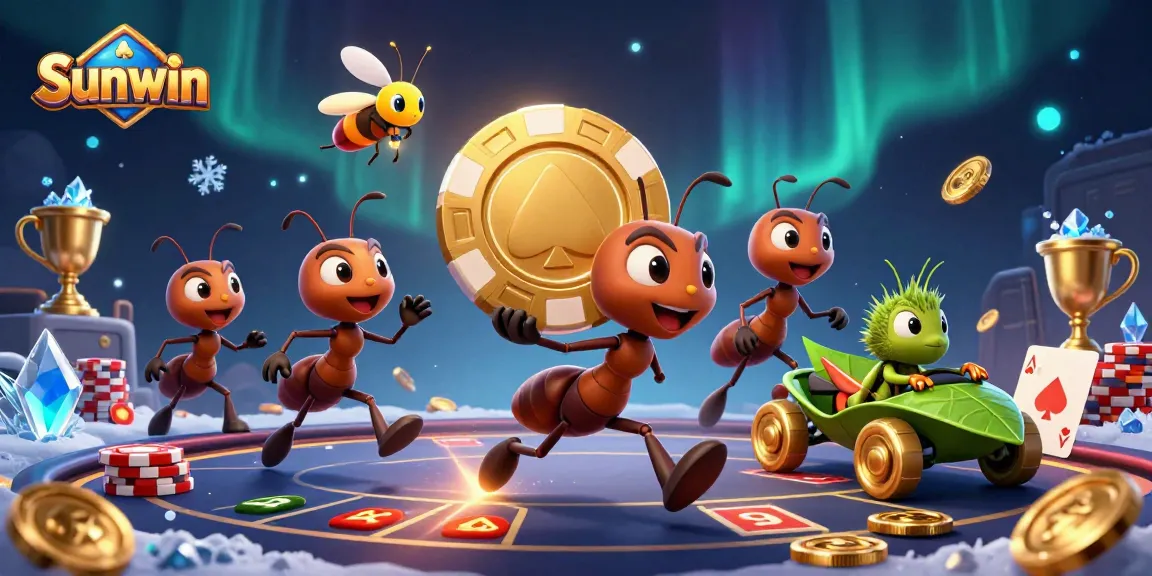 Experience the thrilling world of Sunwin as cartoon ants champion a heist with a giant poker chip.