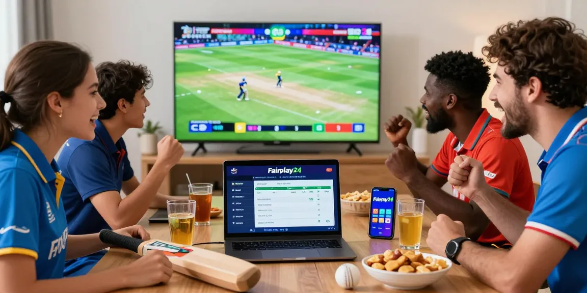 Group of friends enjoying live cricket betting on Fairplay24 platform, festive atmosphere with snacks and excitement.