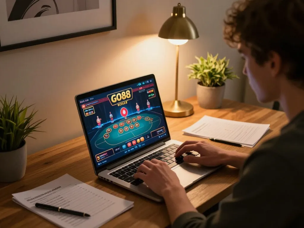 Engaged player enjoying GO88 online casino game in modern home environment