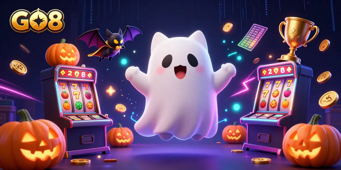 Engage in thrilling gaming at GO8, where a ghost cat and bat explore a haunted casino.