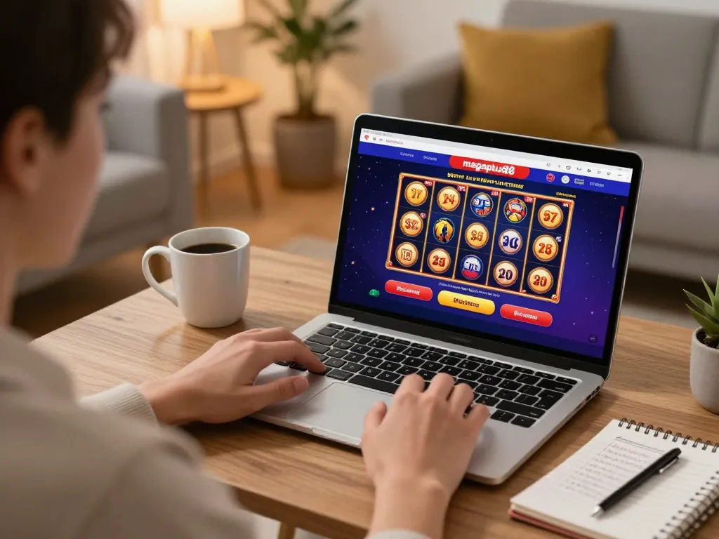 Engaged player using megaplus88 on laptop in cozy home setting, illustrating online gambling excitement.