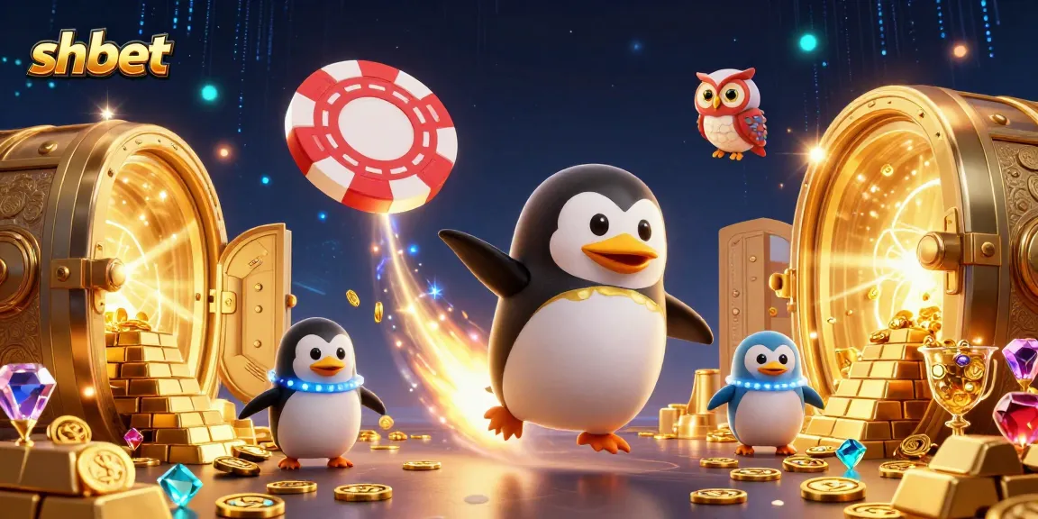 Experience shbet’s thrilling universe with a golden penguin and casino treasures in this vibrant digital scene.