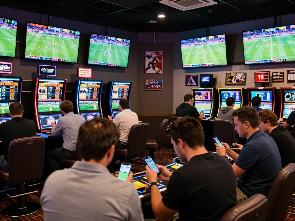 Jun88 bettors engaging with live sports on multiple screens in a vibrant casino atmosphere