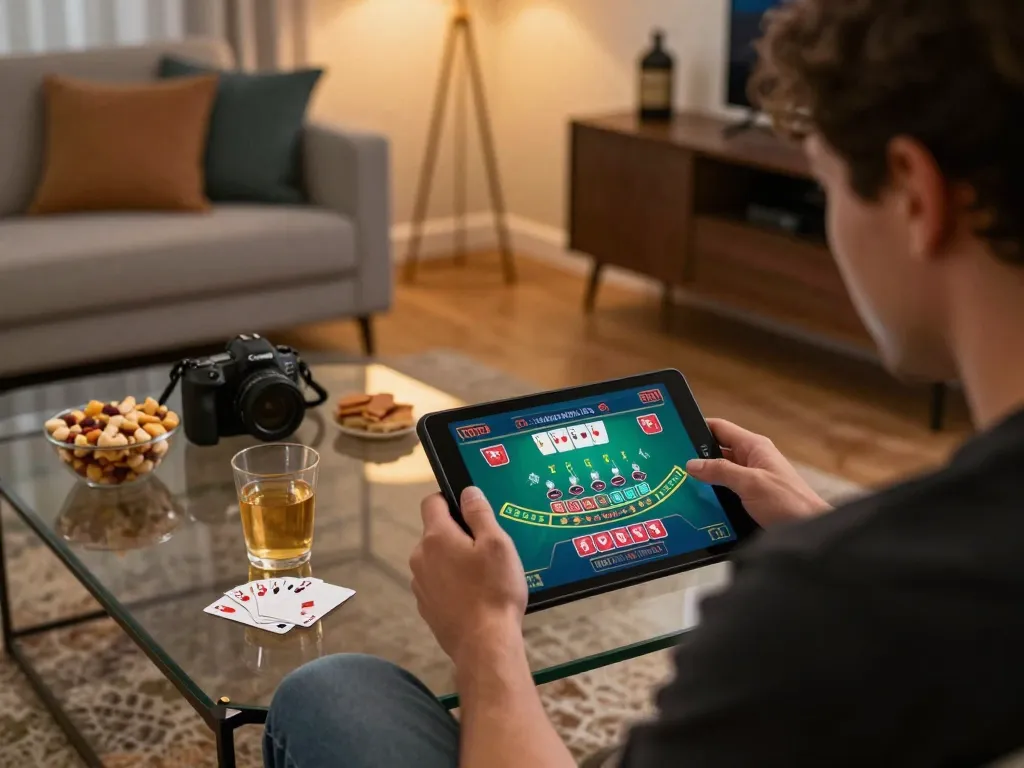 Player engaged in online gambling on Jeetbuzz app while relaxing at home with snacks and drink