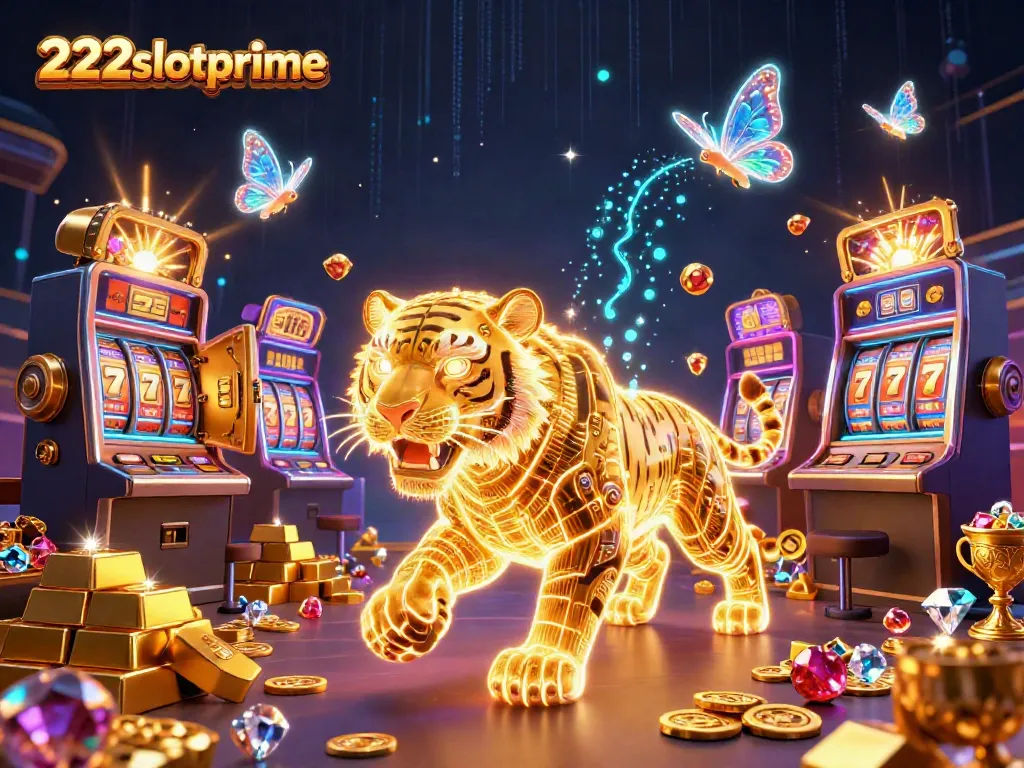 Mainkan mesin slot di kasino digital dengan 222slotprime di tengah ornamen koin emas yang bersinar.