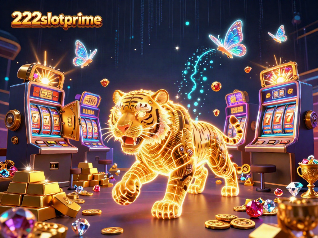 Mainkan mesin slot di kasino digital dengan 222slotprime di tengah ornamen koin emas yang bersinar.
