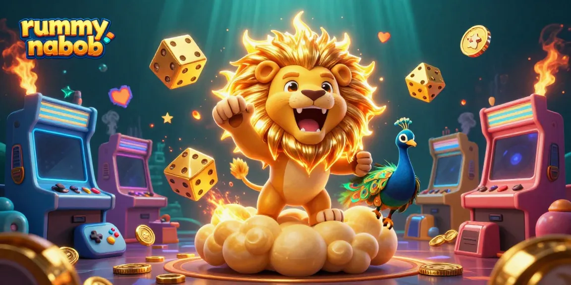 Aksi seru dalam permainan rummy nabob terlihat di ilustrasi 3D, dengan karakter kartun yang bersemangat dan elemen permainan mengelilinginya.