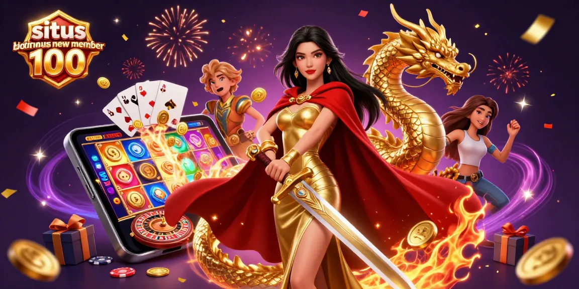 Win big with situs slot bonus new member 100 featuring a warrior queen and golden dragon among vivid casino elements.