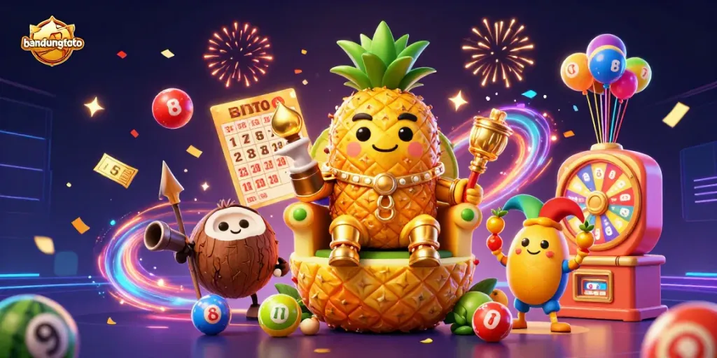 Experience the excitement of bandungtoto with golden characters celebrating while bouncing numbered lottery balls surround them.